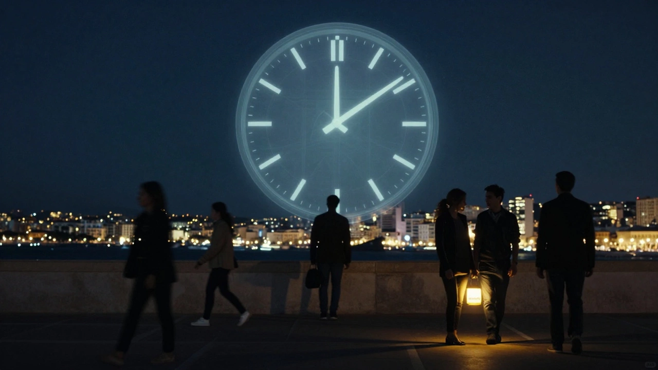 A surreal night scene in Cannes with floating clocks and glowing silhouettes representing fleeting human connections.