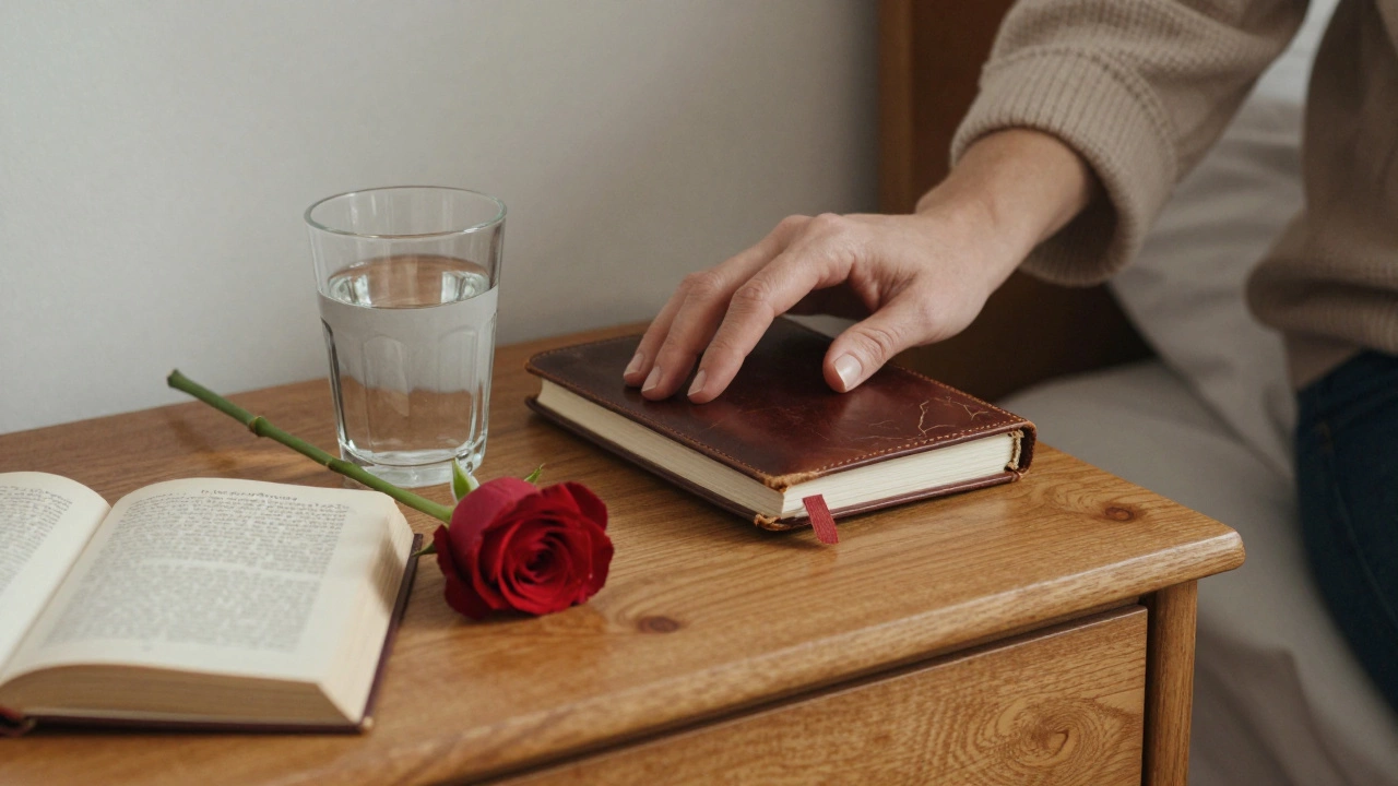 A woman&#039;s hands place a notebook and rose beside an open book and glass of water on a wooden nightstand.