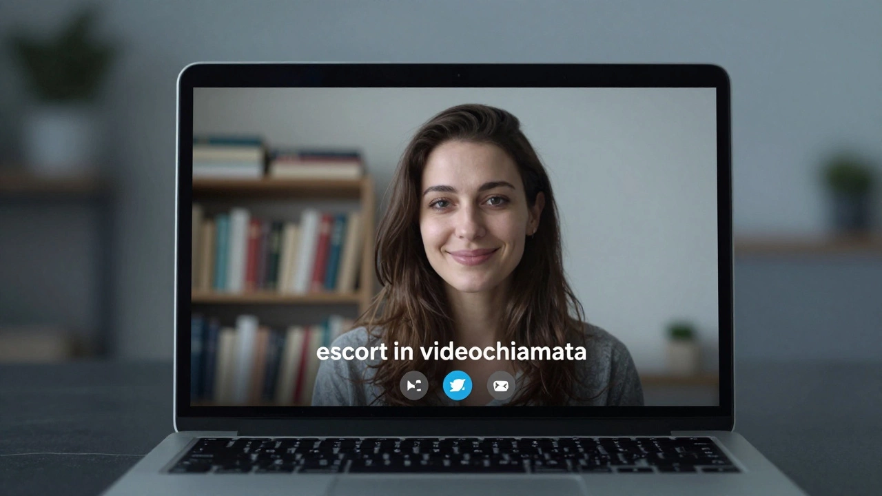 A woman smiles gently during a video call, her bookshelf visible behind her in soft focus.