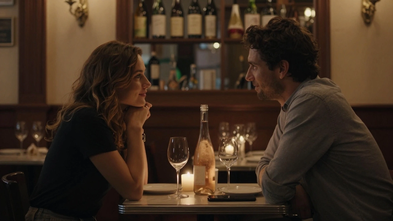 Two people share a relaxed dinner in a cozy Cannes bistro, lit by candlelight with a bottle of rosé between them.
