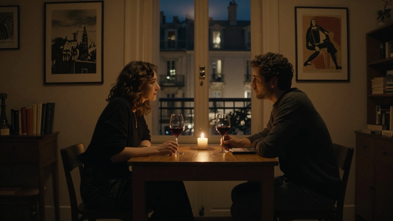 Two people sit at a table in a cozy Paris apartment, engaged in quiet, platonic conversation.